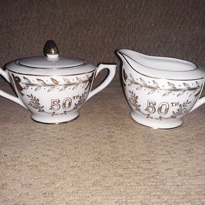 Lefton Japan 50th Anniversary Sugar And Creamer Set Hand Painted Vintage